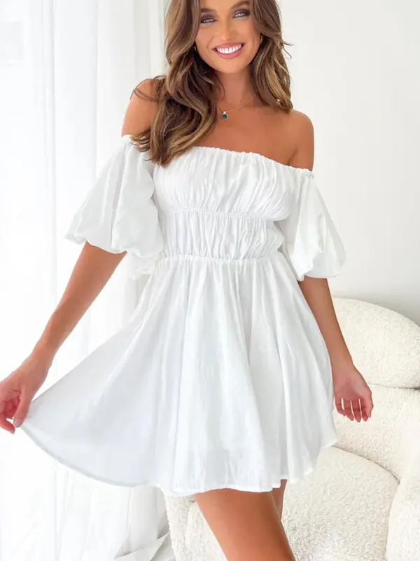 Women's Plain Bubble Sleeve Dress, Elegant Off Shoulder Short Dress for Party Holiday Wedding Guest, Ladies Clothes for All Seasons 5