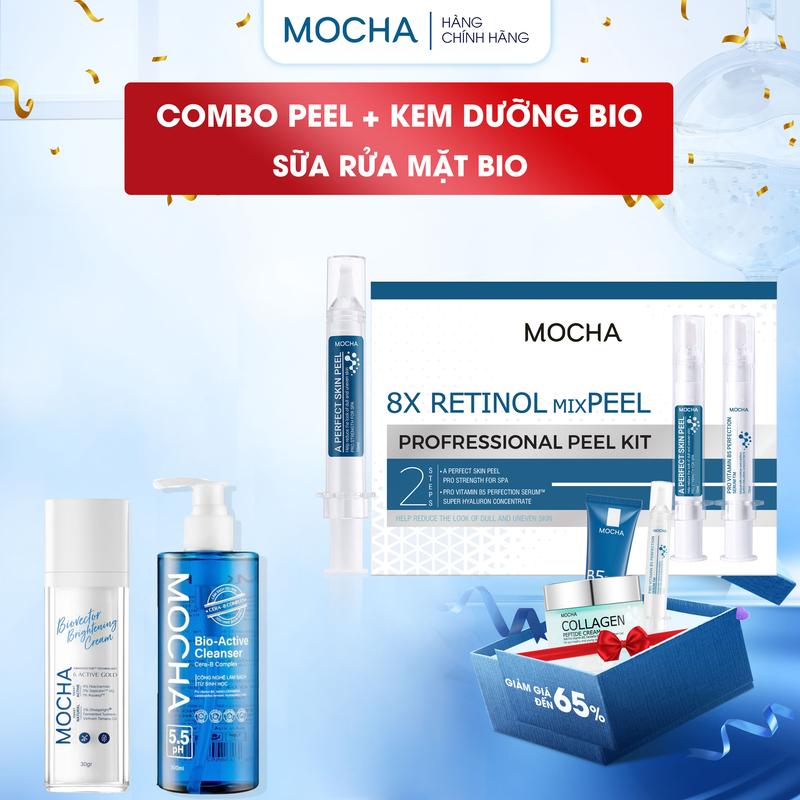COMBO PEEL MOCHA+DƯỠNG BIOVECTOR+SỬA RỬA MẶT LỚN 300ML Thương Hiệu: Mocha gồm 6 sản phẩm 1 tinh chất peel mocha 10ml 1 tinh chất phục hồi 10ml 1 sữa rửa mặt b5 25ml 1 sữa rửa mặt lớn 300ml dưỡng mocha 30gr dưỡng biovector 35gr