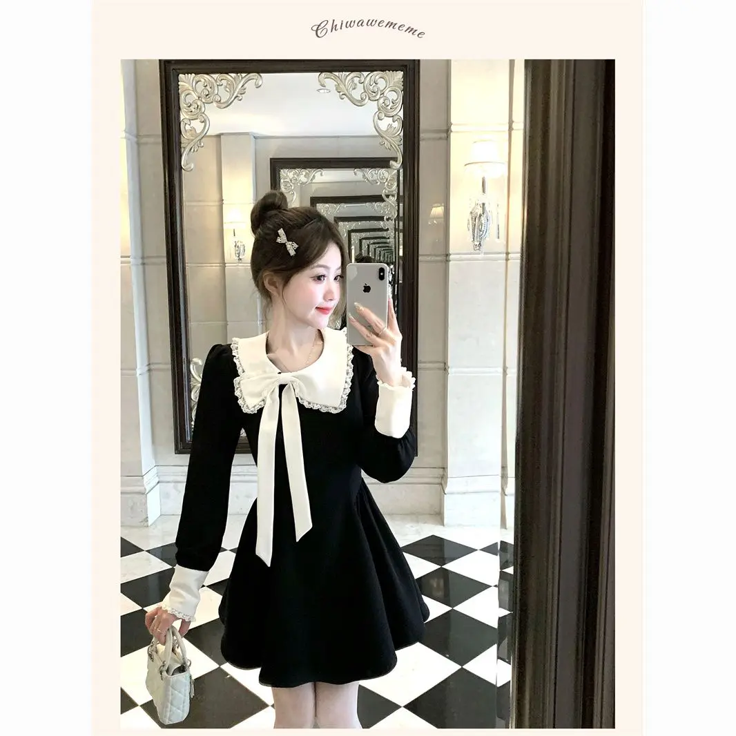Váy Phong Cách Hepburn Và Pháp, Cổ Búp Bê Nơ Thanh Lịch, Tay Cánh Hoa, Váy Chữ A Nhỏ Dành Cho Nữ, Thích Hợp Cho Mùa Thu 2024