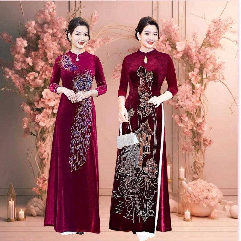 Áo dài nhung đỏ đính pha lê cao cấp cho phụ nữ trung niên phù hợp dịp lễ tết cưới hỏi ngồi sui không kèm quần váy mặc