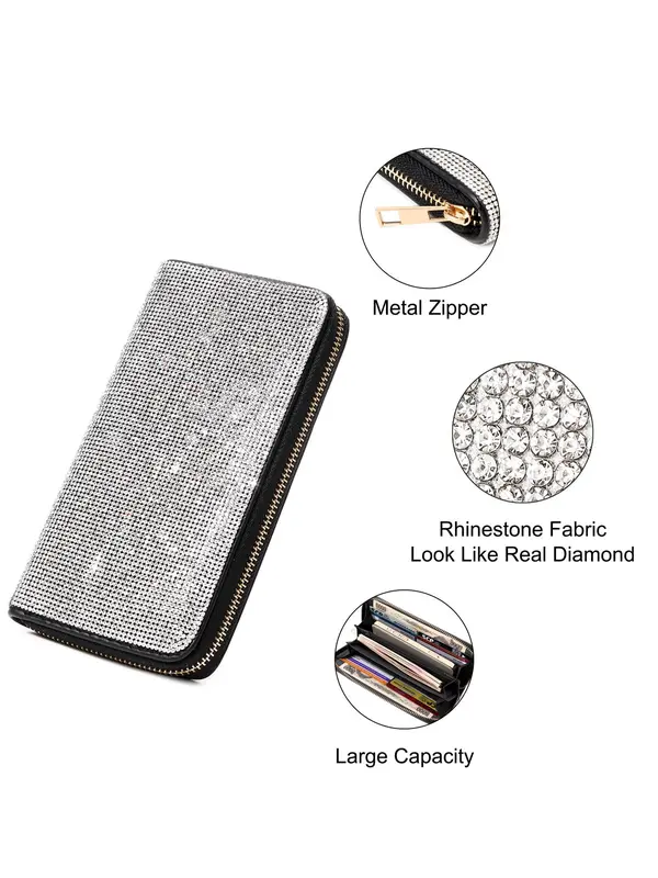 Rhinestone Decorated Long Wallet, Shiny Zipper Rhinestone Wallet, Multi Card Slot Diamond Wallet for Women, Girls, Suitable for Travel, Shopping, Party, Club 4