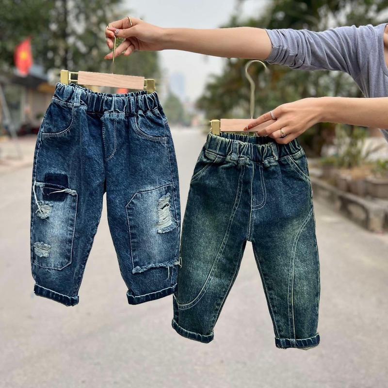 Combo2quần bò dài cho bé quần rách +quần trơn ( MỚI ) Quần jeans cho bé rách gối có lót bên trong dáng baggy siêu mềm size 10kg-32kg (quần không kèm đai )
