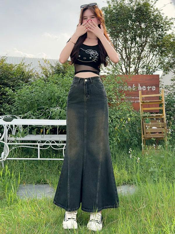 Chân váy đuôi cá dáng dài vải bò cho nữ cạp cao tôn vòng ba chân váy jean phong cách ulazzang Hibena V15 Women
