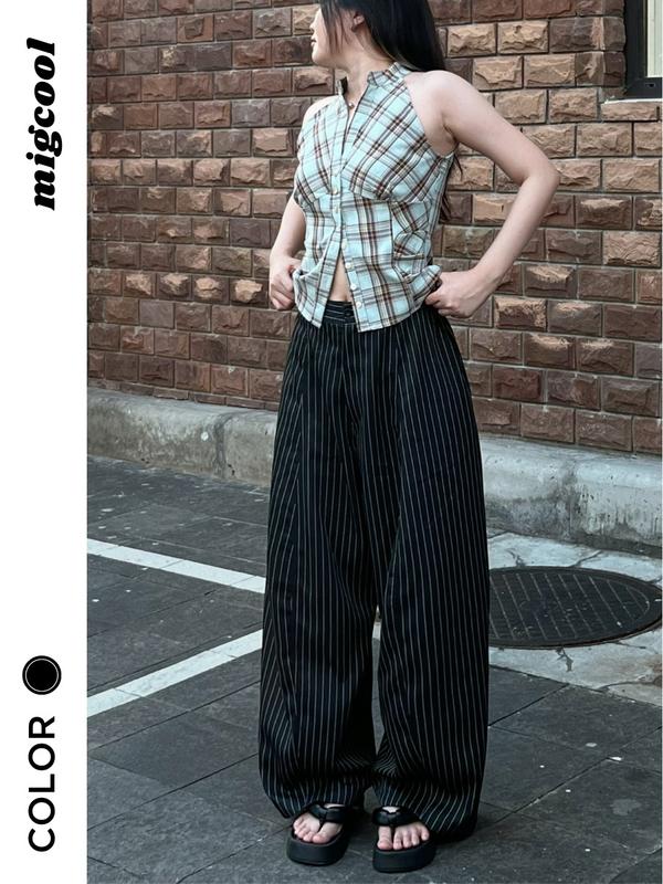 Quần kẻ sọc ống rộng Striped Migcool, quần dài ống suông màu đen Unisex