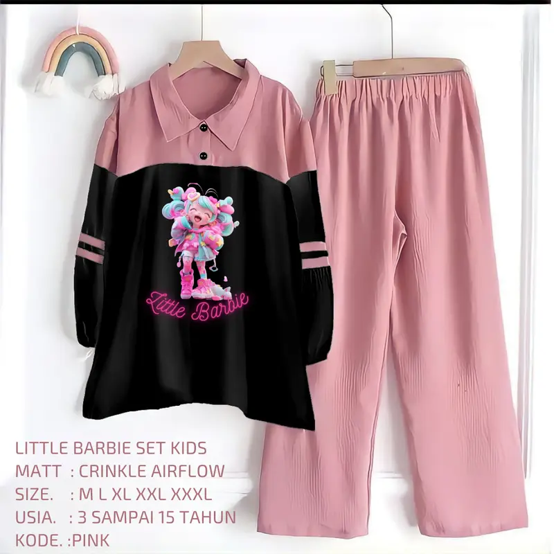 Setelan Anak Berbie Bahan Crinkle Air Flow Kekinian // Setelan Anak Perempuan Terlaris Dan Viral Little Barbie Set Kids Lengan panjang Motif Fashion Lucu 0