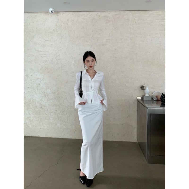 Set Áo Tay Dài Đan Chéo Eo Phối Chân Váy Dài TIBU Set Đồ Nữ Sang Chảnh Đơn Giản Đi Chơi Dạo Phố Tôn Dáng S41 Women Top Voi 8