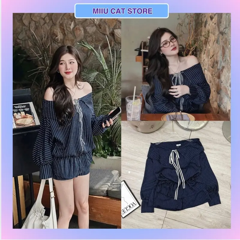 Sét Áo Trễ Vai Kẻ Xanh Phối Nơ Buộc Mix Quần Ngắn Xinh Xắn - Miiu Cat Store