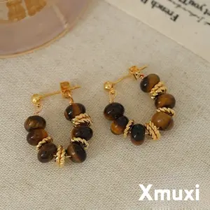 [Xmuxi] Anting Tusuk Kancing Batu Tiger Eye Gaya Retro Mewah Ringan Elegan Model Terbaru yang Populer Q175