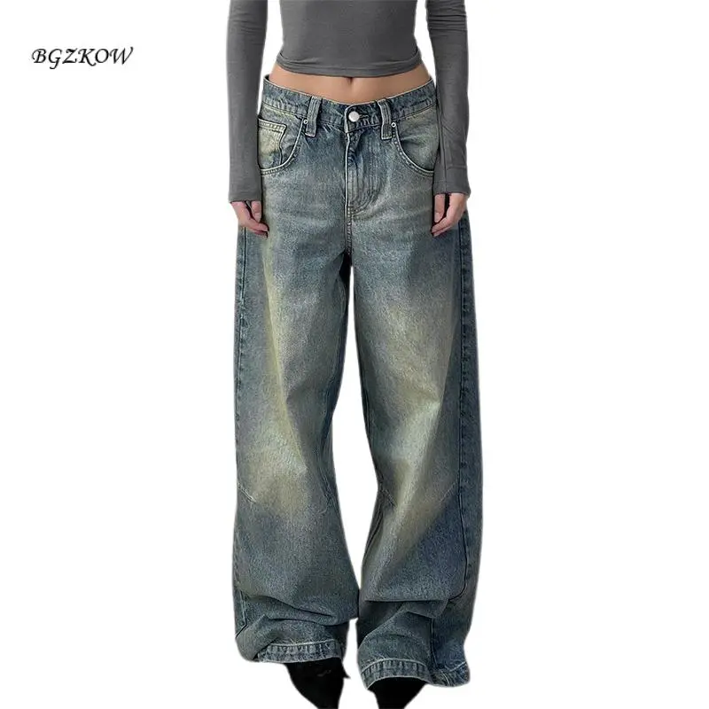 Women’s Low Rise Baggy Jeans Vintage Wide Leg Washed Denim Pants Casual Trousers