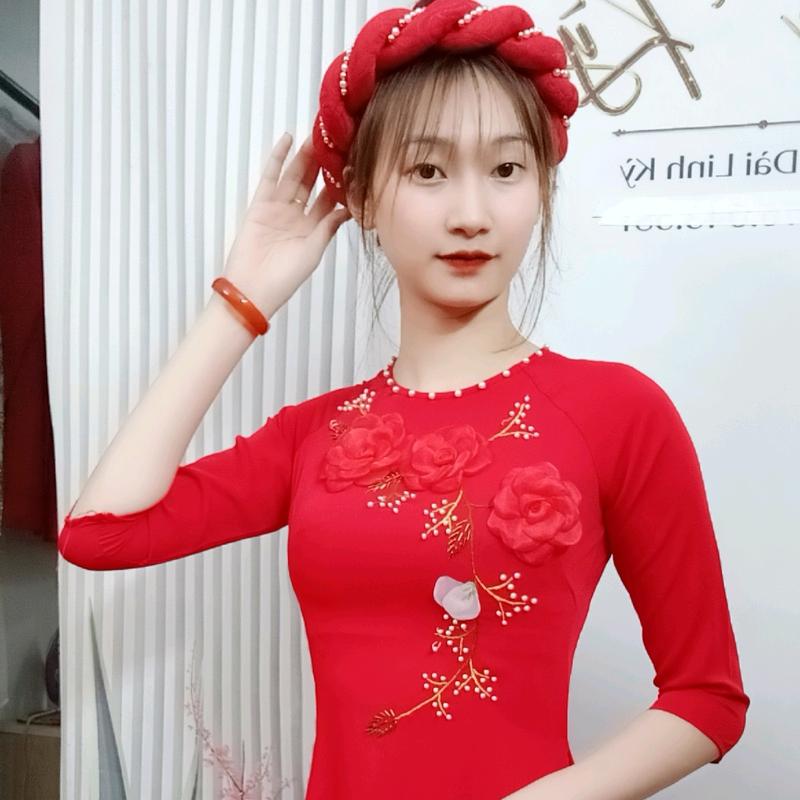 MẪU ÁO DÀI ba bông hoa cổ tròn Nữ Women Kim Tuyến