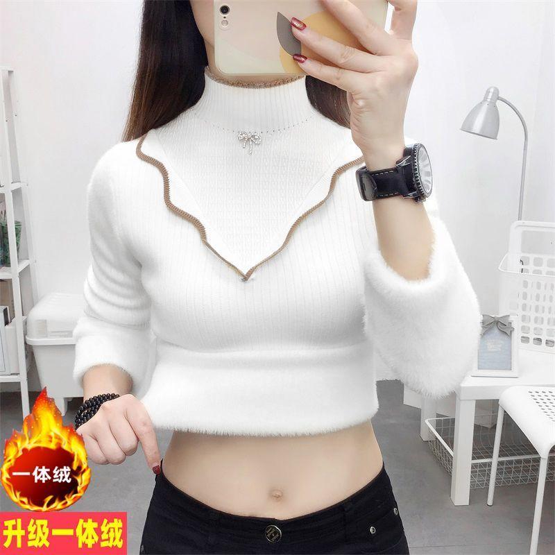 Áo Len Nhung, Dày Và Tích Hợp, Dành Cho Nữ, Hàng Mới Về Mùa Thu Và Mùa Đông, Áo Lớp Nền Có Đệm Nhung, Phong Cách Phương Tây, Có Thể Mặc Bên Trong, Cao Cao Cổ, Áo Len Ấm 5