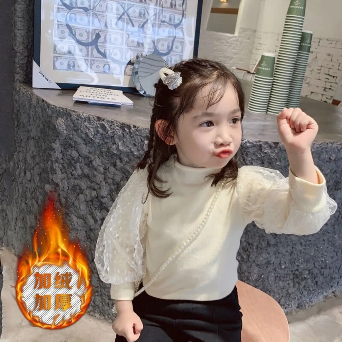 Áo Lớp Nền Cho Bé Gái, Áo Mùa Xuân Và Mùa Thu Mới, Tay Áo Ren Cho Bé Gái, Áo Phông Thời Trang, Quần Áo Mùa Đông Cho Em Bé 1 Chiếc, Lót Lông Cừu, Tay Phồng