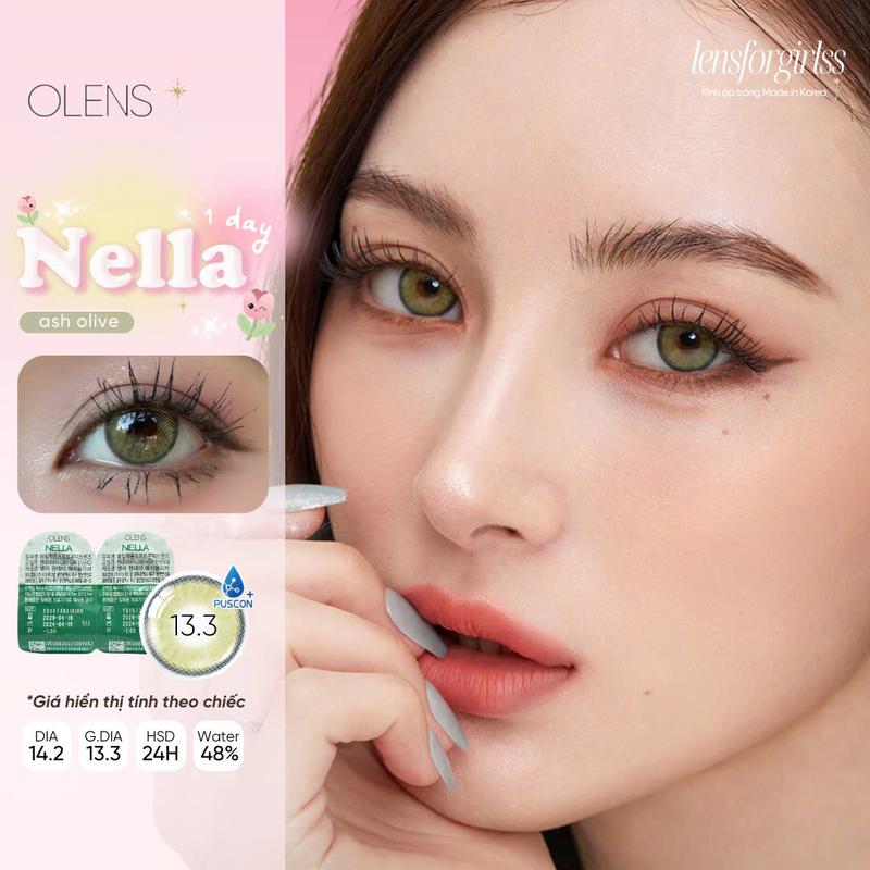 (New) Kính áp tròng 1 NGÀY xanh oliu NELLA ASH OLIVE chính hãng Olens | Lens cận 1 ngày | LENSFORGIRLSS