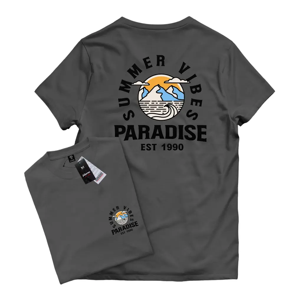 Kaos Cowok Cewek Distro Original Motif PARADISE Beach Simple | T-shirt Distro Pria Wanita Dark Grey Premium Bahan Katun Combed 30s Baju Oblong