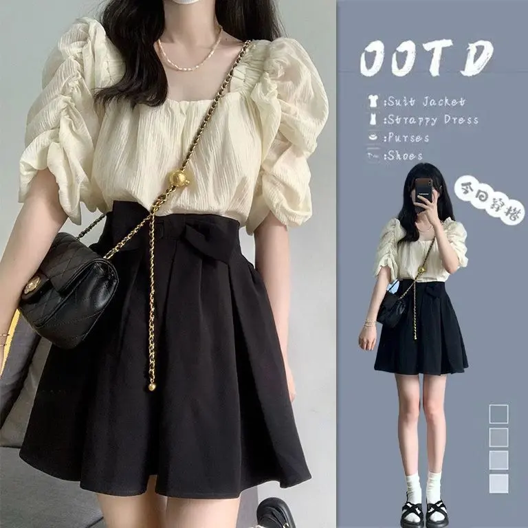 Bộ Đồ Mùa Hè Cho Nữ, Cỡ Nhỏ Phong Cách Pháp, Áo Sơ Mi ngắn Tay Phồng, Váy Xếp Ly Sữa, Bộ Hai Mảnh, Dễ Thương, Trông Trẻ Trung Women Top Tre yếm  tết set  đồ set  đồ  girl  phố 3