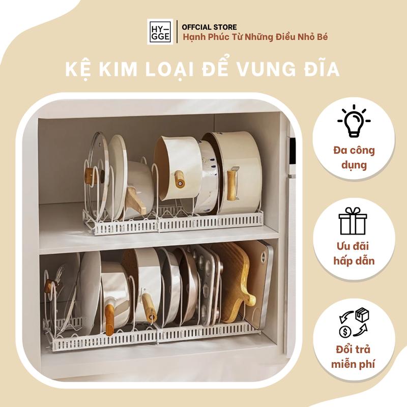 Kệ để vung xoong nồi nhà bếp Hygge có ray trượt chất liệu kim loại sơn tĩnh điện chống gỉ chịu lực tốt