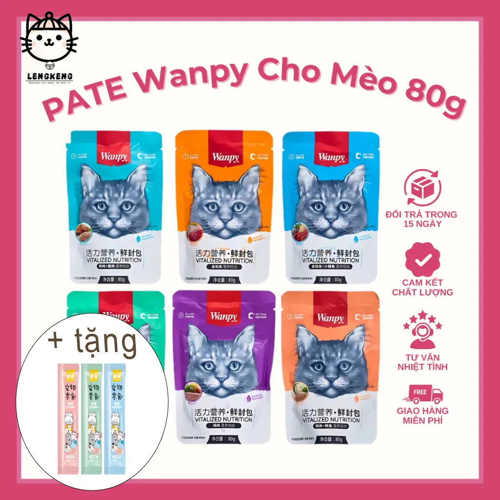 Combo Pate WANPY gói 80gr Thức Ăn Ướt Dinh Dưỡng Ngon Miệng Cho Mèo Gói 80g LengKeng Pet vụn  thịt