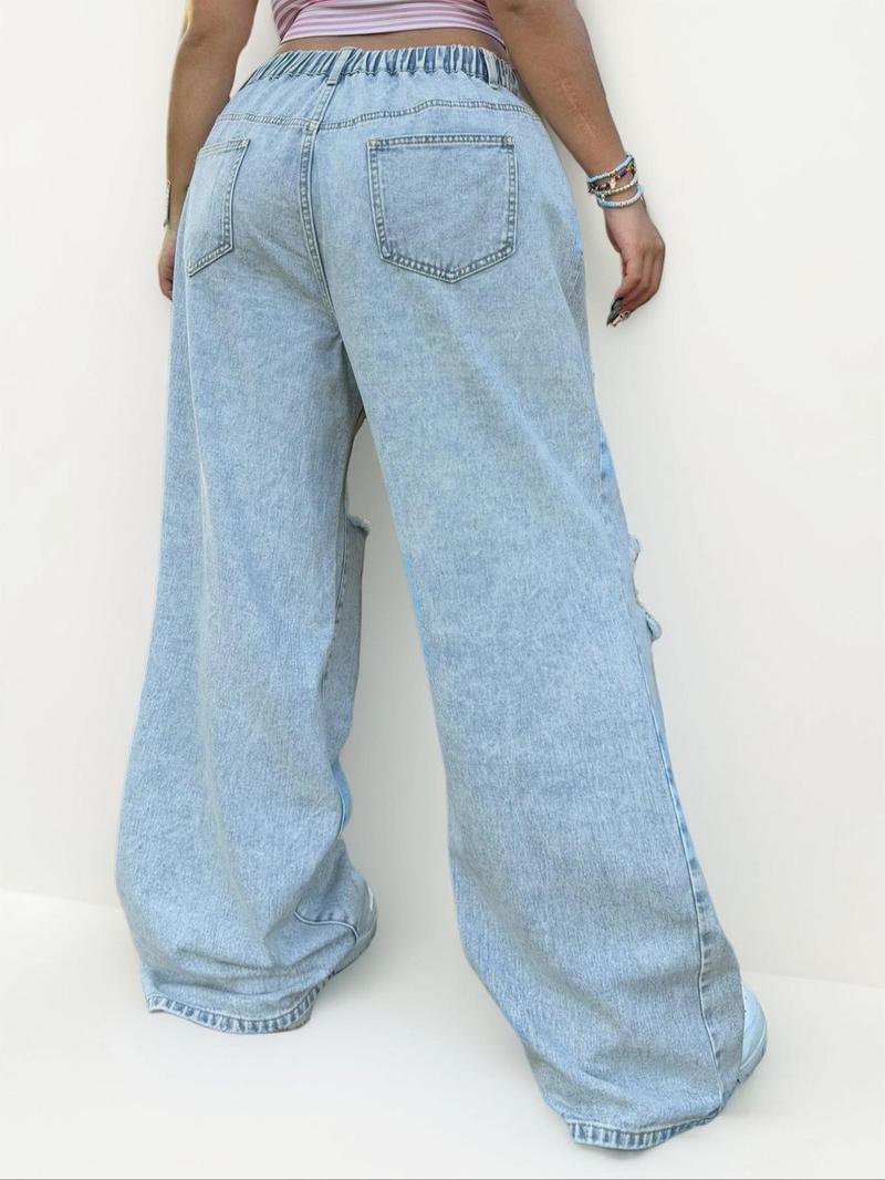Product Introduction of 【Plus Size】 Butterfly & Heart Print Jeans, Fashion Casual Wide Leg Jeans for Daily Outdoor Wear, Women Plus Clothing for All Seasons 2