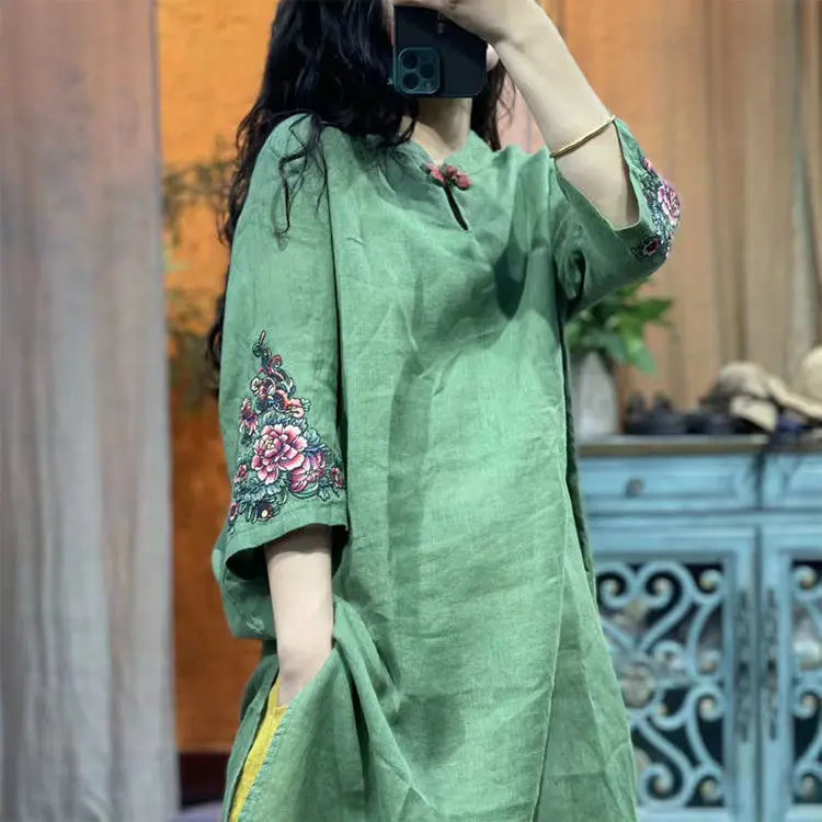 Váy Cotton Và Vải Lanh Thêu Retro Cho Nữ, Phong Cách Dân Tộc Mới, Ếch Trung Quốc, Tay Áo Ba Phần Tư, Sườn Xám Và Váy Cải Tiến Trung Quốc, Mùa Hè