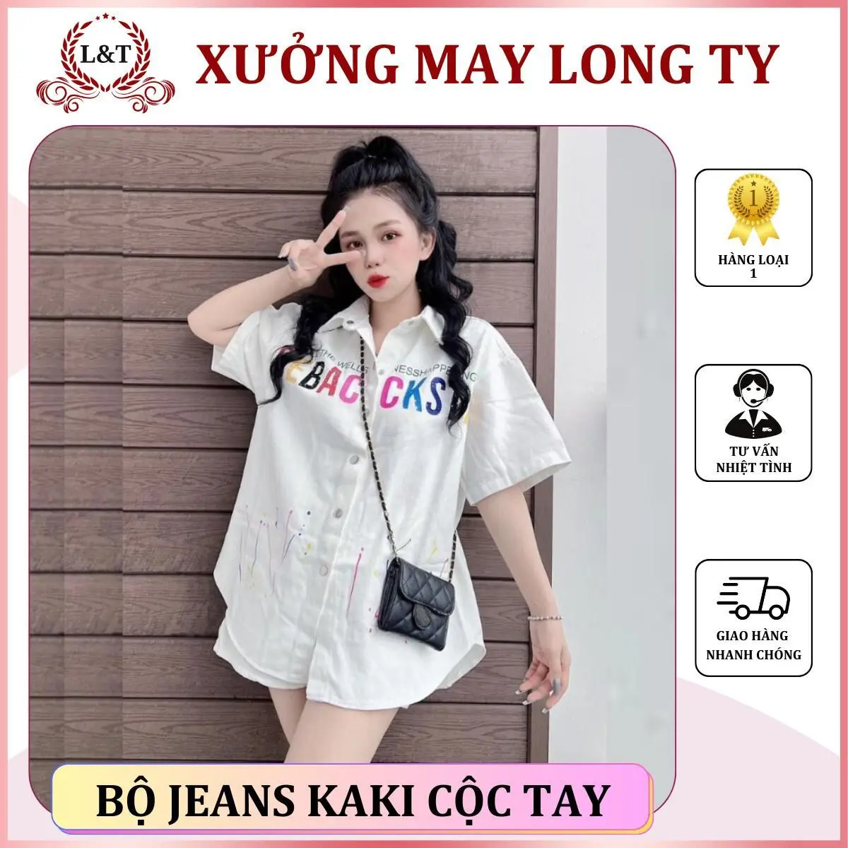 Bộ jeans kaki cộc tay in chữ kèm quần, ms 118- Xưởng May Long Ty Áo Nữ Kem Women Top Trắng