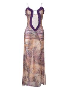 Women's All Over Print Frill Trim Cut Out Ruched Split Tulle Cami Bodycon Dress, Elegant Slim-fitting Spaghetti Strap Long Dress for Party Holiday Dating Daily Wear, Ladies Summer Clothes