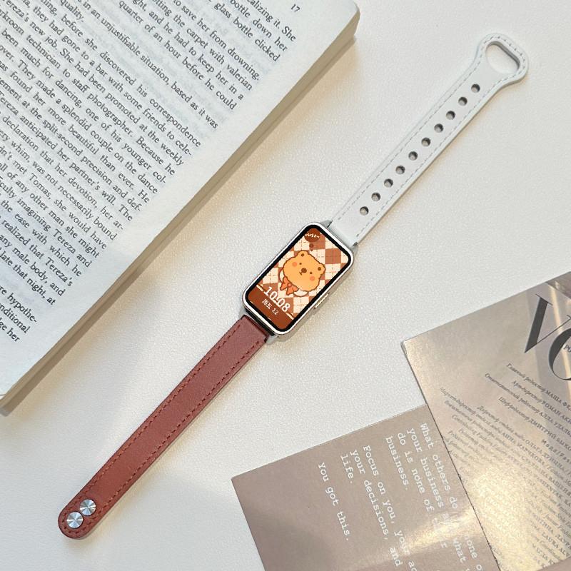 Soft Leather Strap for Huawei Band 10 9 8 Strap Sport Replacement Watchbands Metal Double Nail Buckle Brecelet Wanita Band Wristband Tali Jam Tangan Smartwatch for Huawei Band 10 9 8 NFC