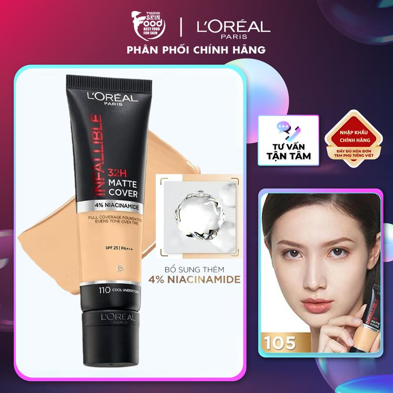 Kem Nền Che Phủ Cao 4% Niacinamide L'Oreal Infallible 32H Matte Cover Foundation SPF25 PA+++ 30ml Mỹ Phẩm Trang Điểm Cosmetic