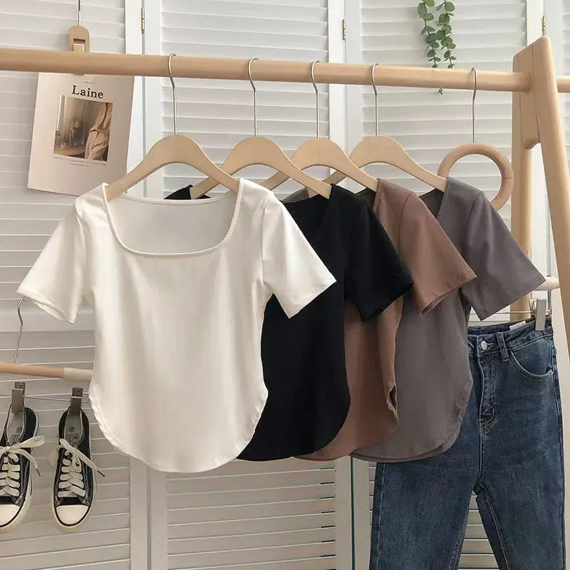 Summer Women Solid Color Square Collar Short Sleeve T-shirt Fashion Irregular Crop Top