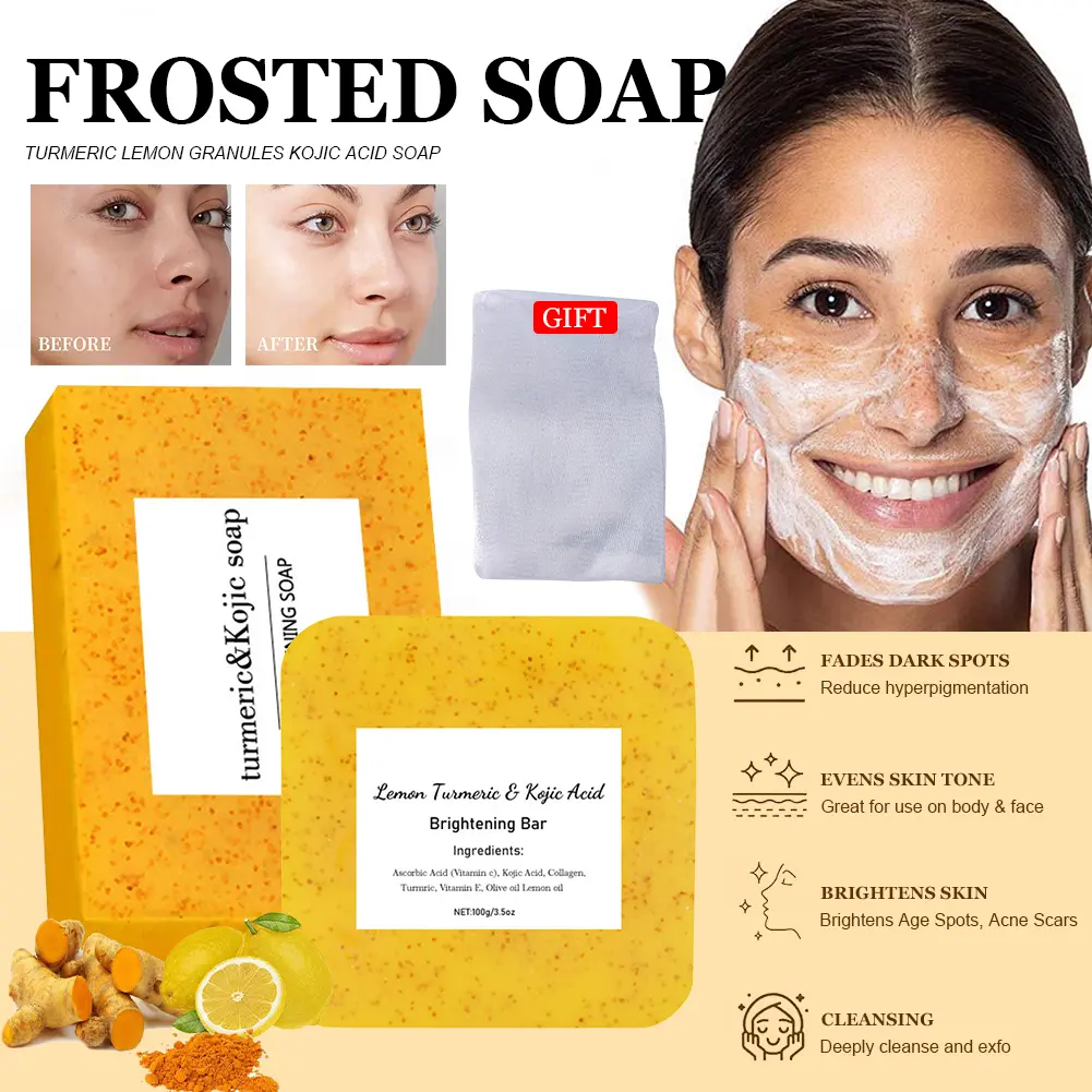 【GIFT Foaming net】Kojic Acid Soap, Lemon Turmeric Skin Brightening Soap, Skin Care Evens Skin Tone Smooth Your Skin Salicylic Acid Soap Body & Face cleaning soap Y-Q