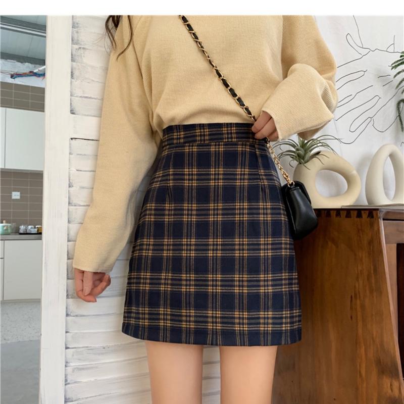 Product Introduction of Half length skirt, women's autumn outfit, new plaid bag buttacks half length skirt, black college style high waist slimming bag buttons A-line short skirt 17