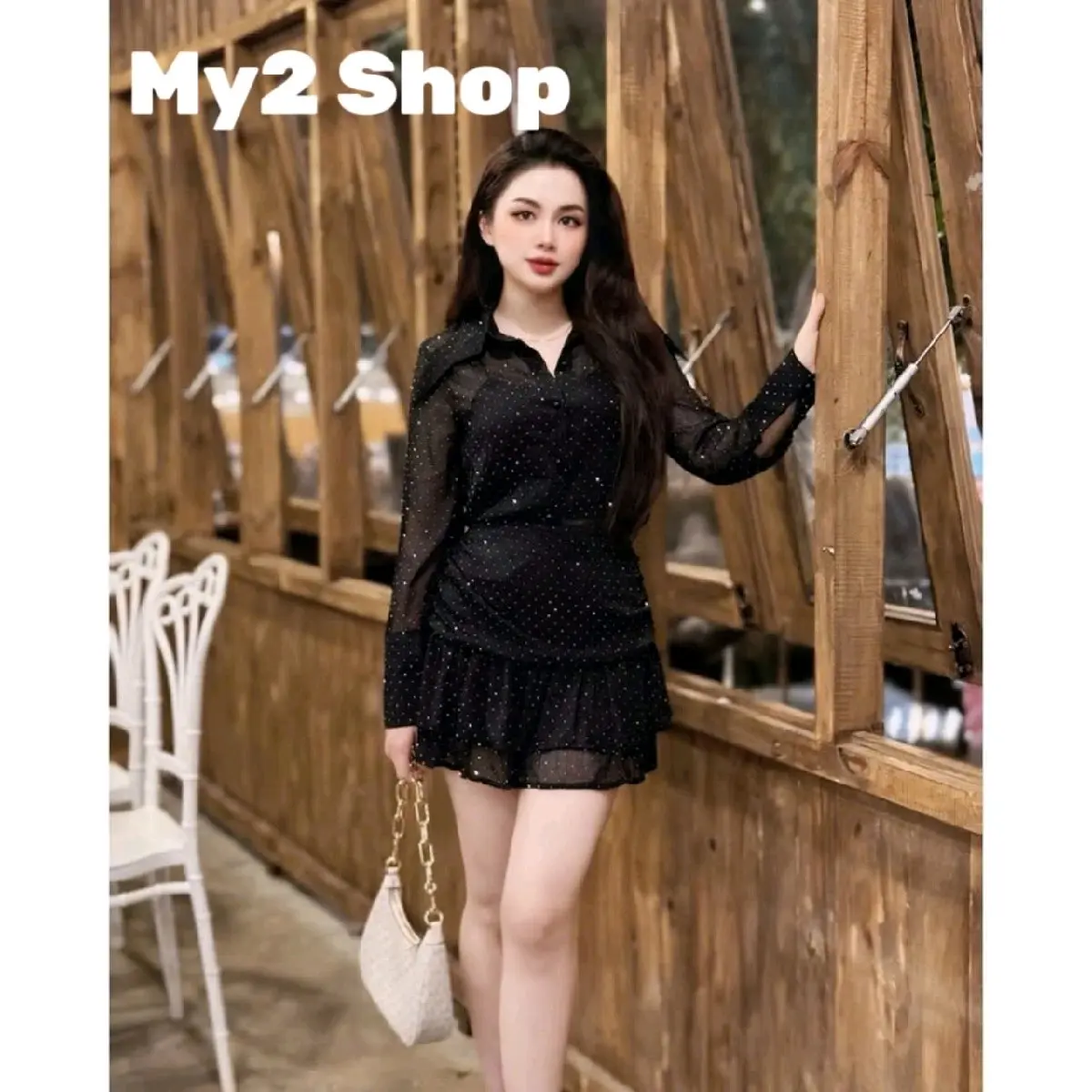 Set đồ Bling Bling sang trọng áo sơ mi tay dài đính đá phối chân váy xoè 2 tầng Top Women botieuthu Voi Nhung dothudong vest sét dạ