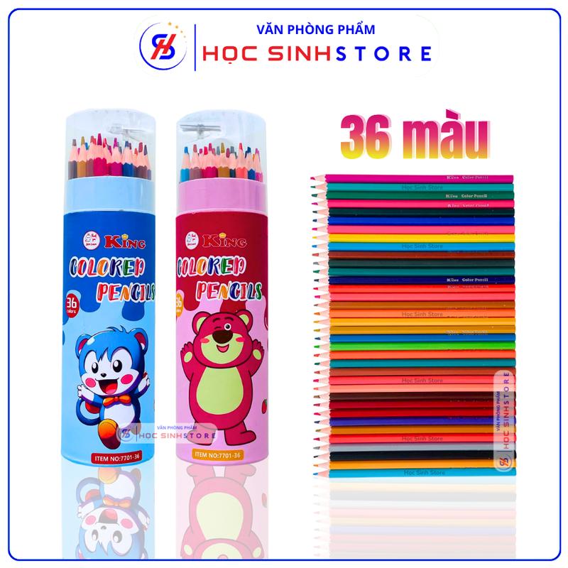 Lon 36 Cây Bút Chì Màu Hiệu King - Màu Đều, Độ Phủ Tốt, Nắp Có Chuốt Tiện Lợi (Giao Màu Vỏ Lon Ngẫu Nhiên Bé Trai Và Gái)