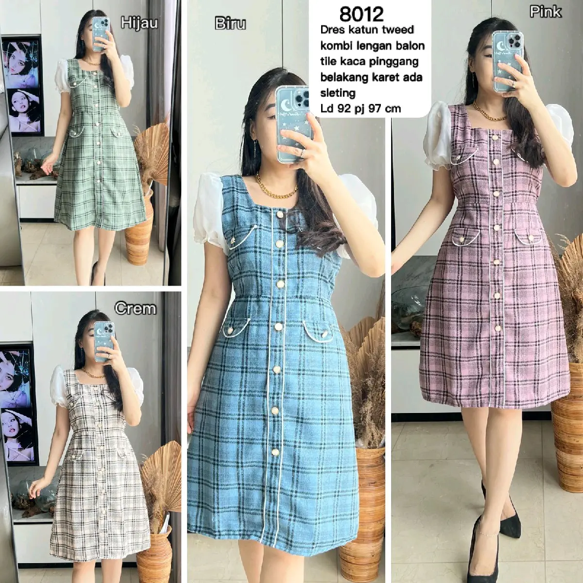 DRES KOTAK KATUN TWEED LENGAN TILE KACA 8012 MV IMPORT Casual Fit Karet Wanita