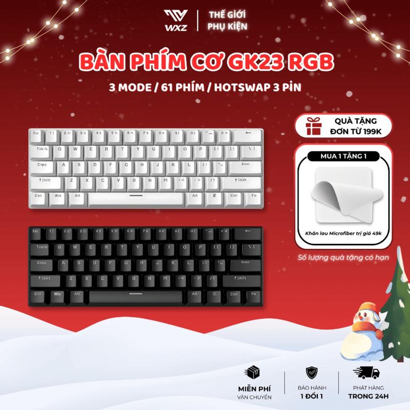 Bàn Phím Cơ GK23 3 Mode Bluetooth 2.4G Có Dây, 61 Phím Hotswap 3 Pin, LED RGB Có App Tùy Chỉnh