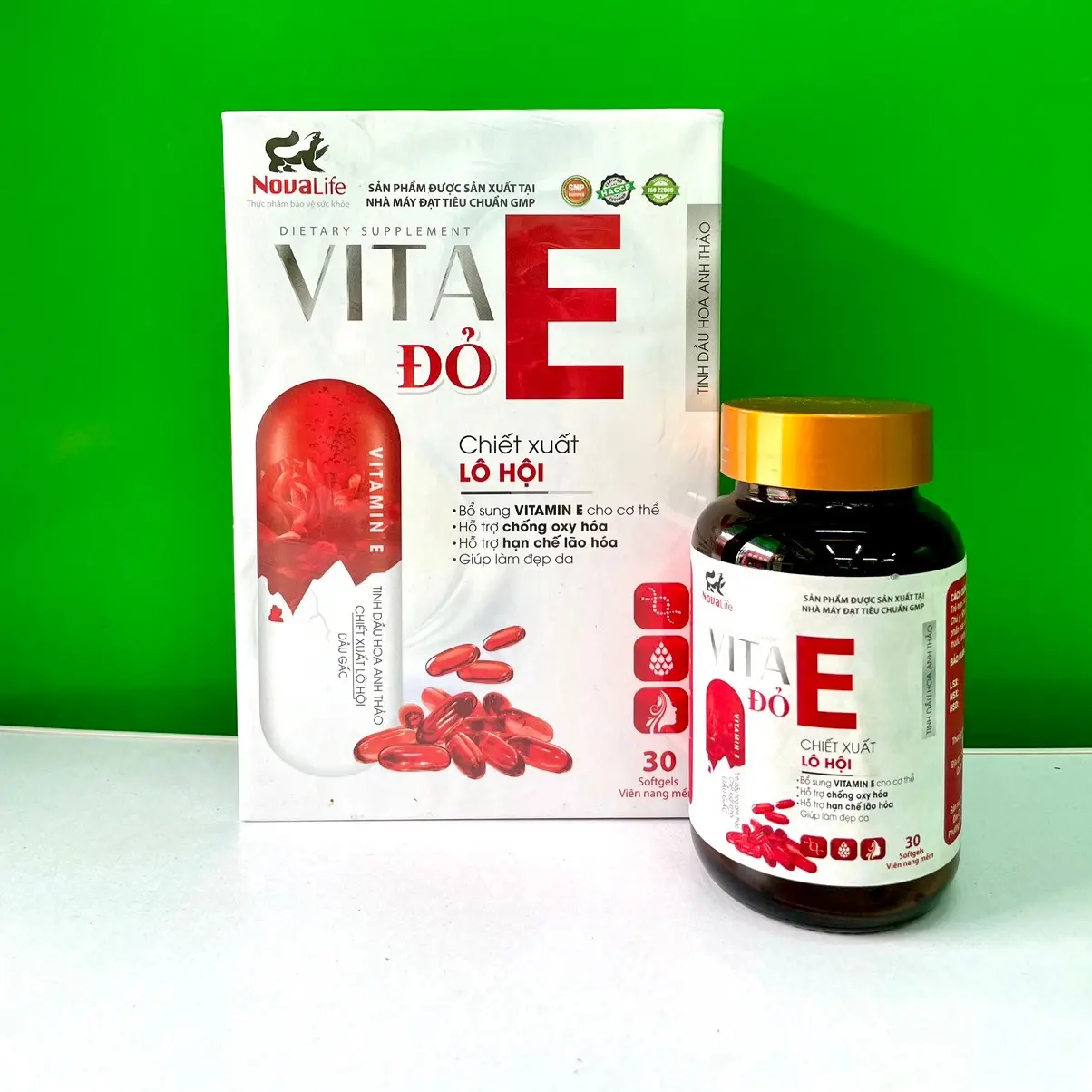 - VITA E ĐỎ Hoa anh thảo, giúp sáng mịn săn da, hỗ trợ chống oxi hoá ,hạn chế da lão hoá. Cải thiện da khô nhăn ,nám sạm tăng sắc tố, đốm nâu nám sạm không đều màu, 1 hộp 30V dùng được 1 tháng.