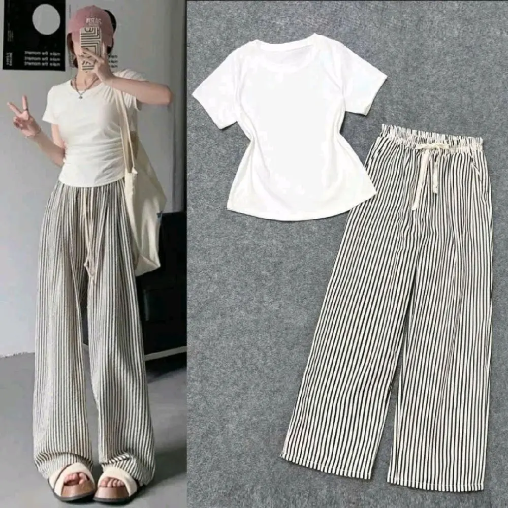 Tổng hợp Sét Bộ Quần Ống Rộng Kẻ Sọc + Mix Áo Croptop Tăm Trơn dáng bassic - Thương hiệu uy tín
