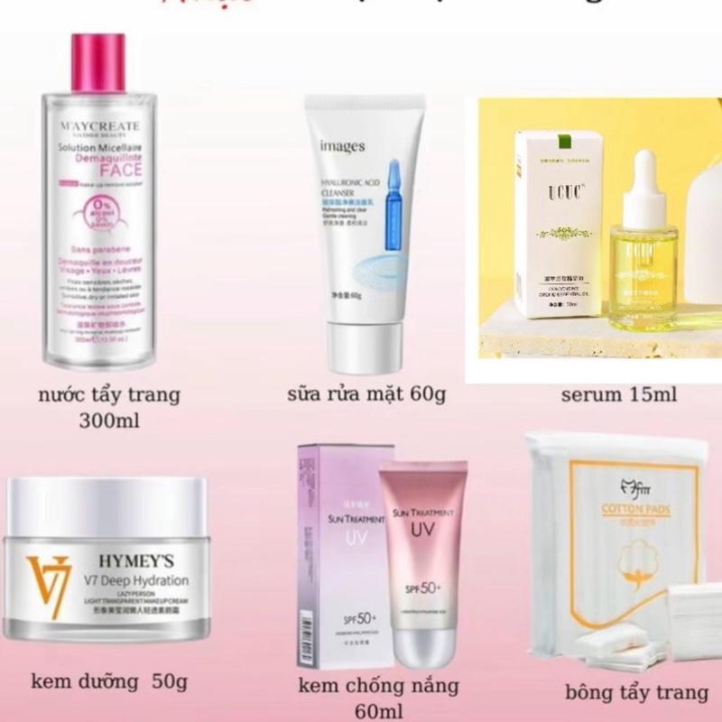 Bộ chăm sóc da mặt 6 món - Tẩy trang maycreate 300ml, sữa rửa mặt images , serum dưỡng da ucuc, kem dưỡng ẩm trắng da v7, kem chống nắng uv sun treatmen , bông tẩy trang 222m