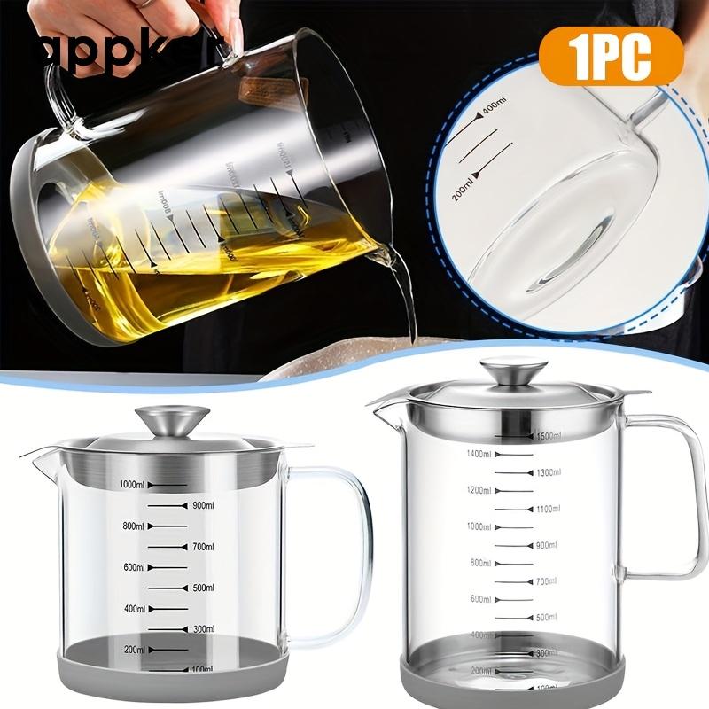 APPKER 1pc 33.8/50.72oz Glass Oil Filter Pot with Frying Basket, Large Capacity Multifunctional Oil Strainer Vessel Tank, Transparent Measurement Markings, Durable & Easy-to-Clean for Kitchen Cooking & Storage,  Utensils 1000Ml 1