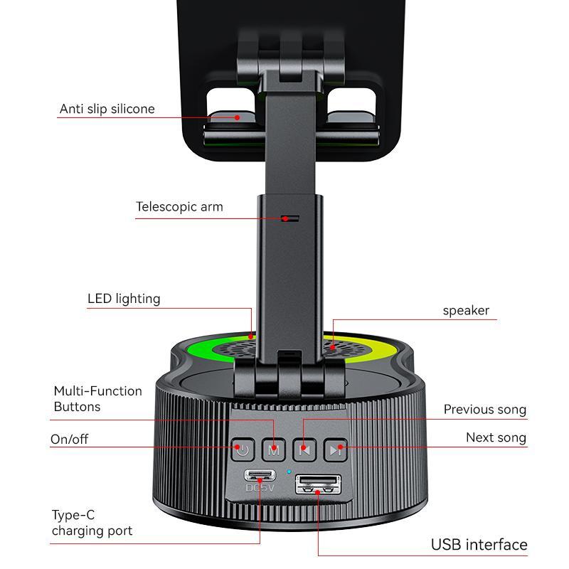 Wireless Charging Speaker Phone Holder, 360-Degree Rotatable Phone Stand with Colorful Atmosphere Light, Portable Phone Accessories for Home Office 5
