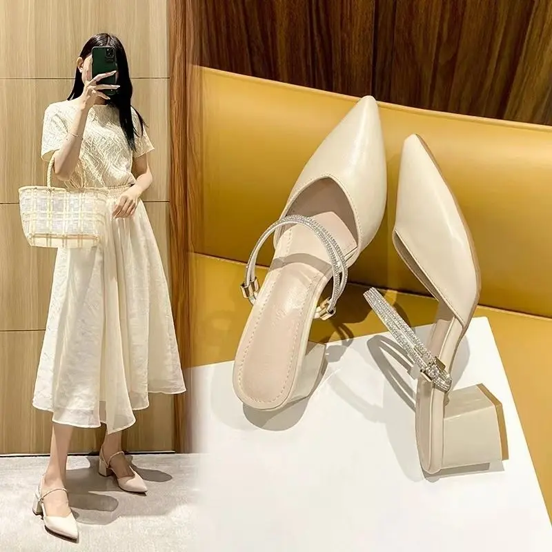 2025 Summer New Pointed Toe Two-Way Rhinestone Sandals with Skirt Women's Chunky Heels French Mid Heel Toe Box Mules Slippers