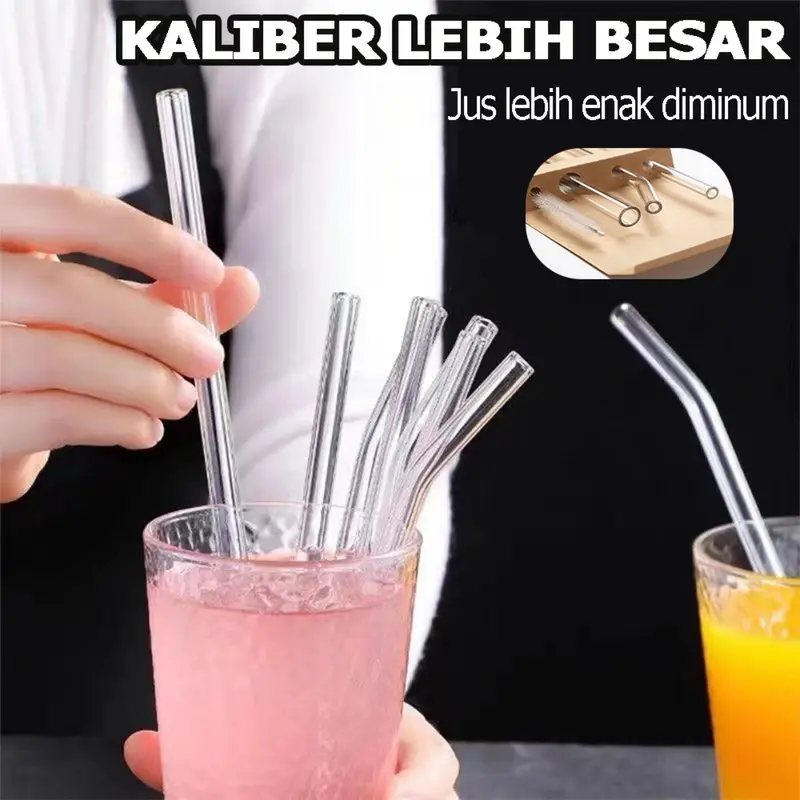 sedotan kaca bening set 4 pcs sedotan gelas transparan glass straw boba sikat sedotan food grade clear lurus bengkok estetik aesthetic eco friendly reusable 4in1 4