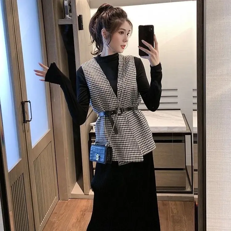 Áo Vest Họa Tiết Răng Nanh, OOTD, Mùa Thu Và Mùa Đông, Phong Cách Cổ Điển Mới, Thời Trang, Giảm Tuổi, Cổ Điển, Ngoại Cỡ, Thanh Lịch, Quần Áo Nữ Phong Cách Hàn Quốc 1
