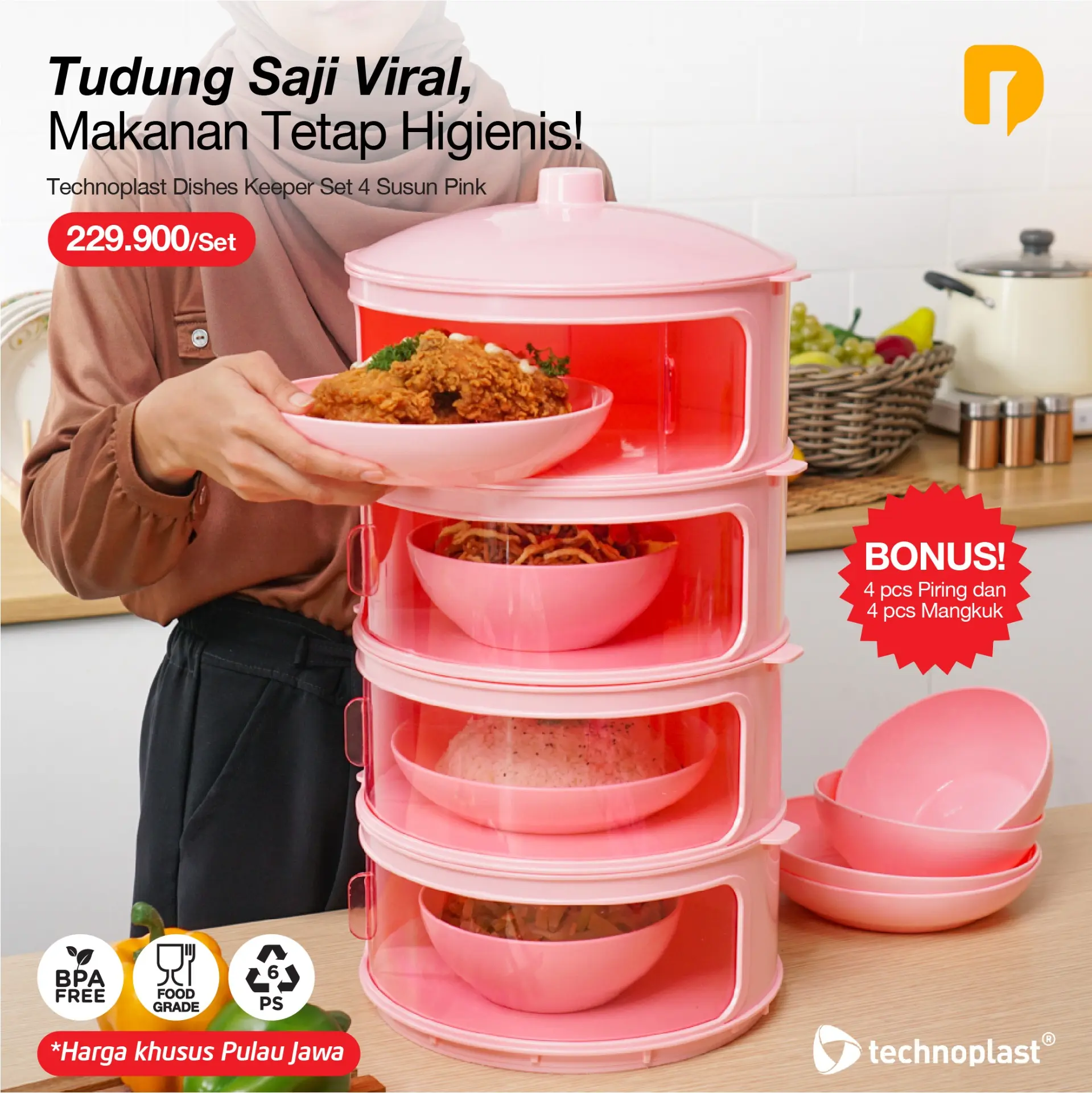 Technoplast Dishes Keeper Set 4 Susun Pink tudung saji