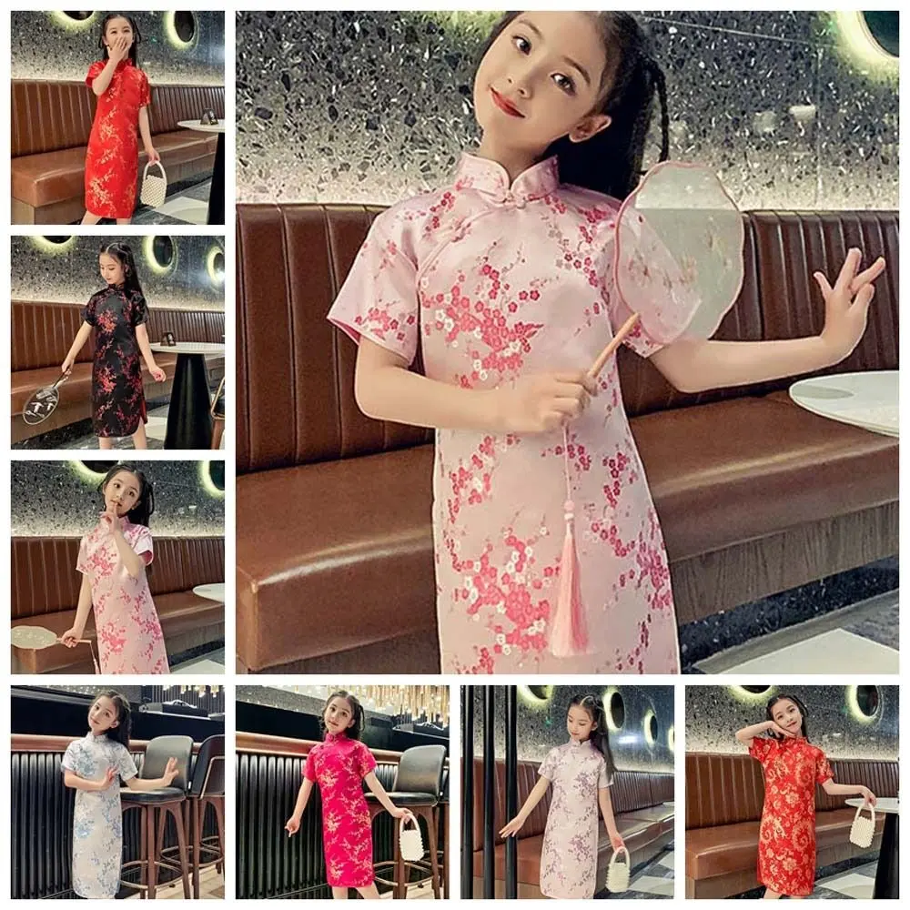 Váy sườn xám trẻ em, phong cách Trung Quốc, hoa mận, váy công chúa, váy hoa, Qipao, làm bằng Polyester, thích hợp cho trẻ em vào mùa xuân / mùa hè