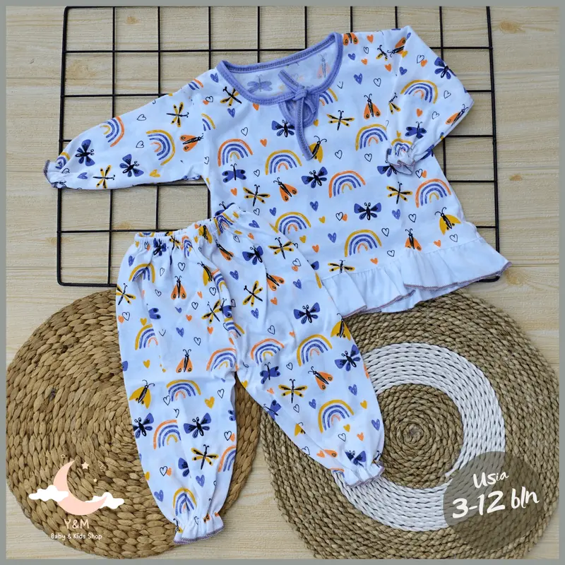 Y&M BABY - Baju Celana Setelan Piyama Bayi Perempuan Kancing Depan Usia 3-12 Bulan Motif Butterfly Karatkter Lucu Baju Tidur Bayi Cewe 6-12 Bulan 4