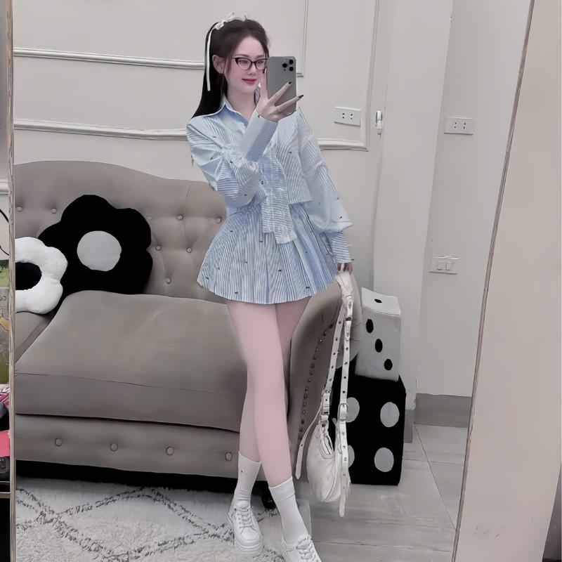 Set áo sơ mi TD croptop hoạ tiết nơ mix chân váy xếp li kèm đai nơ phối ren xinh xắn tiểu thư xho nữ mặc đi chơi đi du lịch