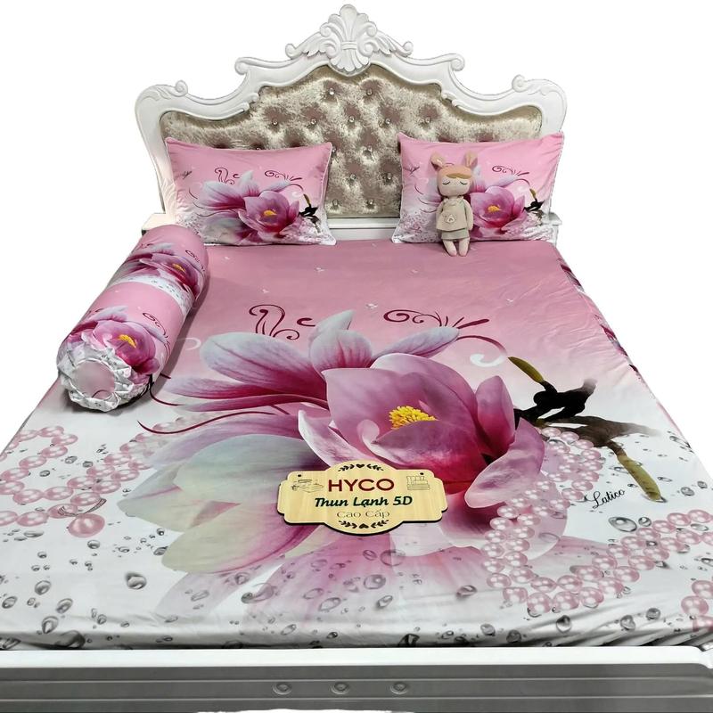  Bộ ga giường ngủ thun lạnh Hyco 5D ôm khóa kéo mẫu hoa tím hồng cao cấp 