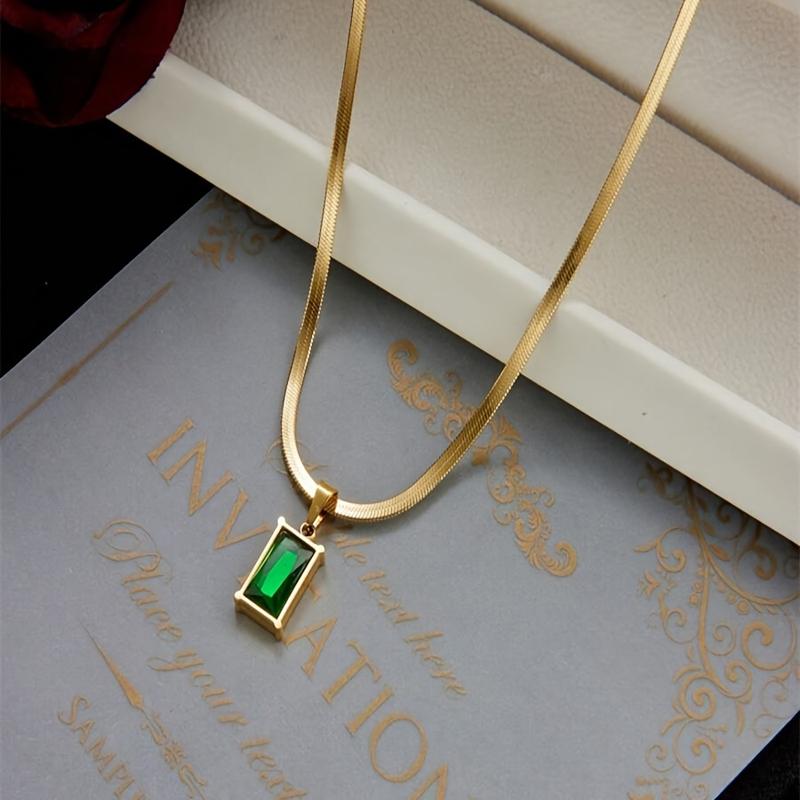 3 piece elegant minimalist necklace and earrings set, gold tone snake chain rectangular emerald green cubic zirconia pendant and hoop earrings 1