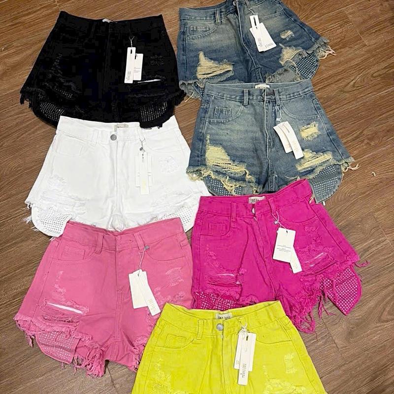 Quần short jean túi đính cườm hàng đẹp ạ Nữ Women Pants đùi hồng quan lòi