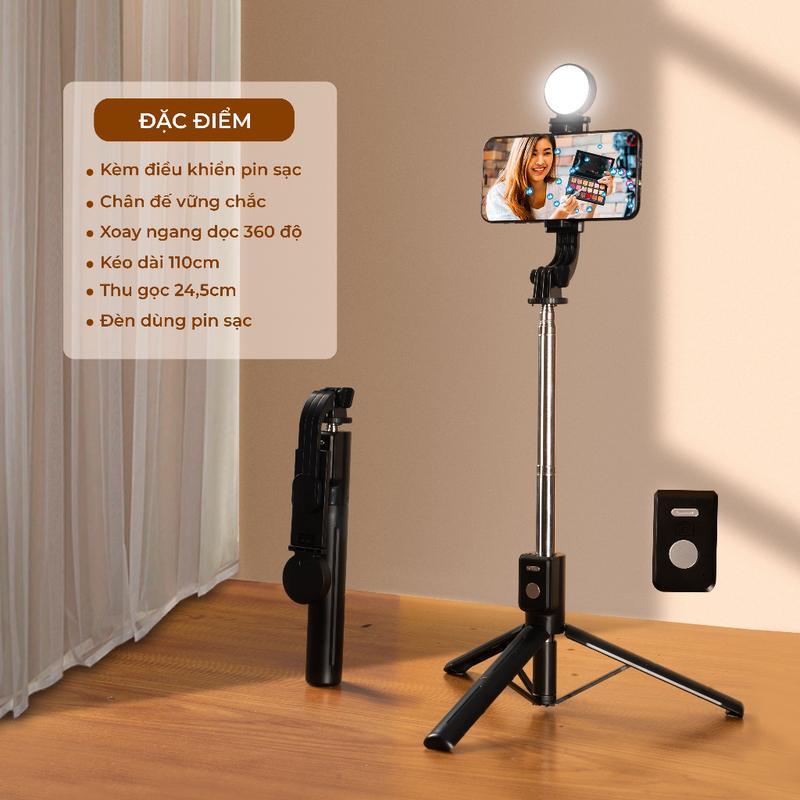 Gậy Chụp Ảnh 3 Chân B11S Thế Hệ Mới - Có Đèn Led Trợ Sáng - Nút Bluetooth Điều Khiển Từ Xa - Chính Hãng TECHZONE Selfie Phụ Kiện
